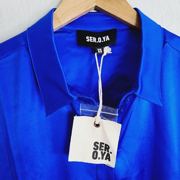 Ser.O.Ya Retrofête Karry Silk Asymmetrical Button Down Royal Blue XS NWT - Picture 8 of 13